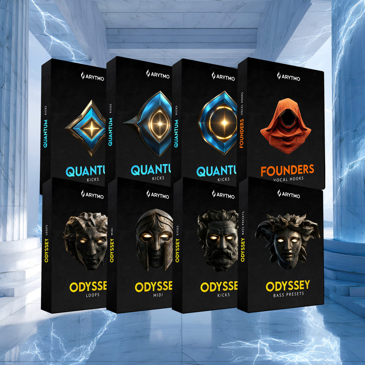 Six black melodic techno product boxes arranged in two rows against a blue lightning-themed architectural background. The boxes feature colorful geometric and mask-like logos and text including AYTIMO, QUANTUM, FOUNDERS, ODYSSEY, and various card names like melodic techno loops, samples, and serum bass presets.