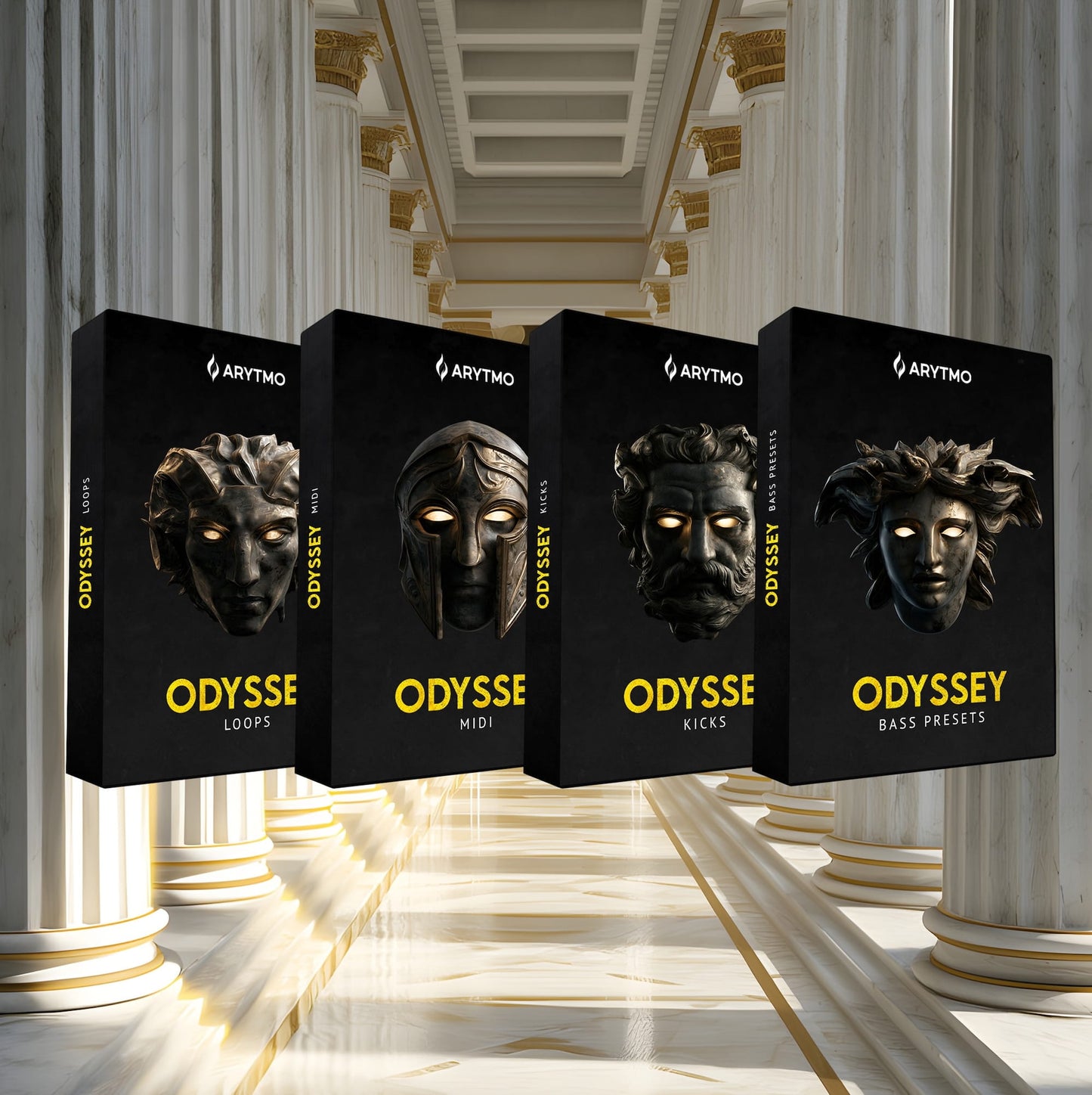 Four black software product boxes labeled ODYSSEY, ODYSSEY LOOPS, ODYSSEY MIDI, ODYSSEY KICKS, and ODYSSEY BASS PRESETS, arranged in a row on a grand classical column hallway. The boxes feature dark metallic sculptural faces with glowing eyes and the brand name ARYMO at the top.