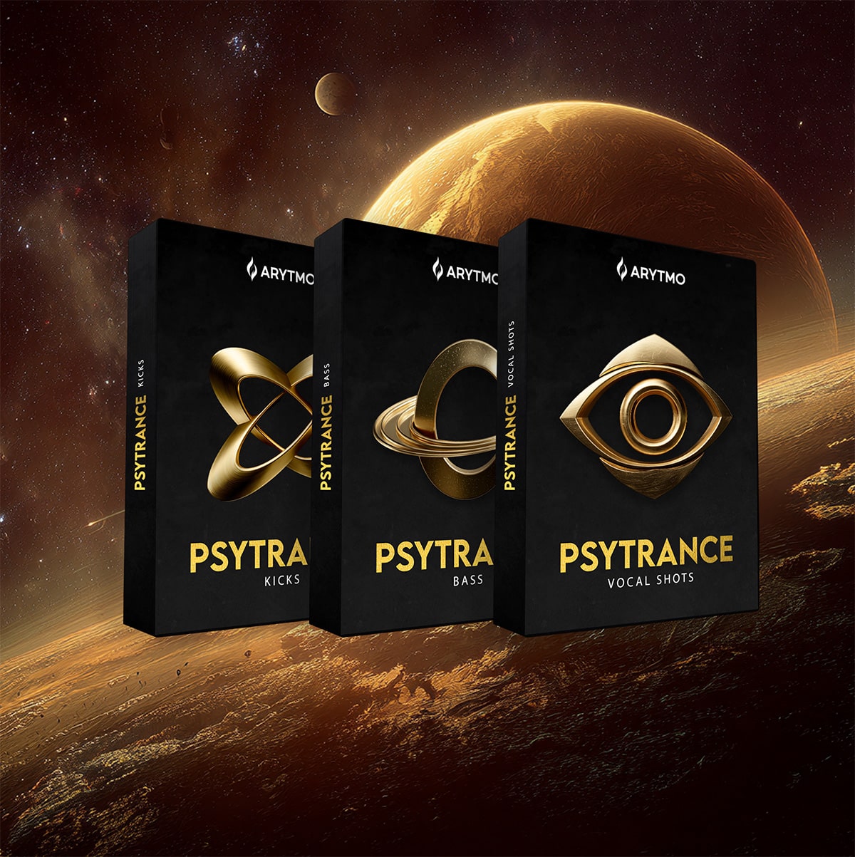 Three black boxes labeled 'PSYTRANCE' with gold designs against a space-themed background