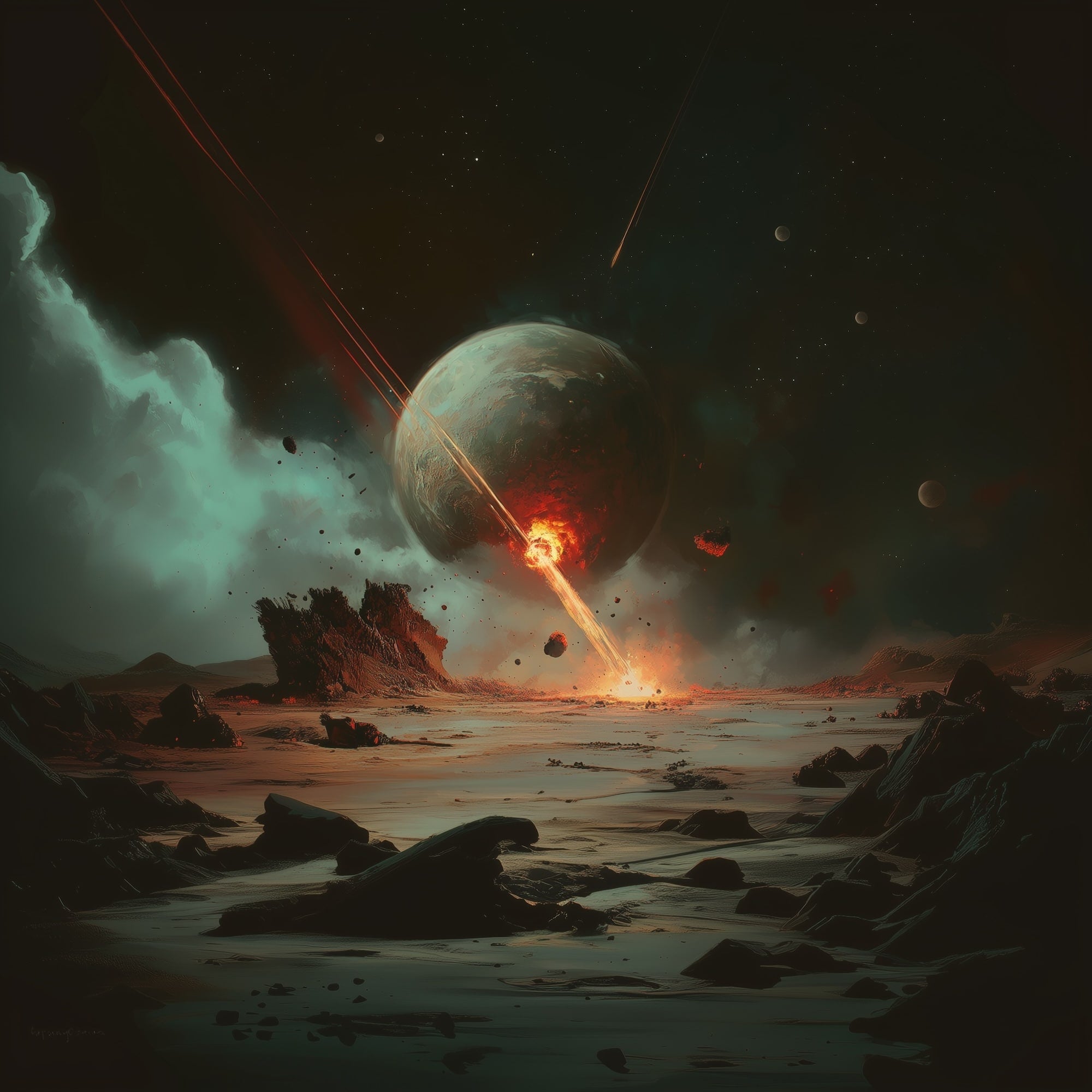 Dramatic space scene with a planet and fiery explosion on a barren landscape.