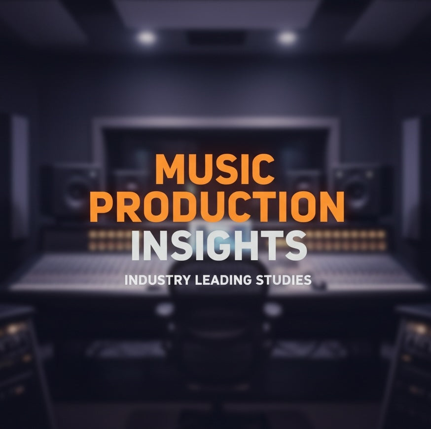 Music production insights text overlay on a blurred music studio background