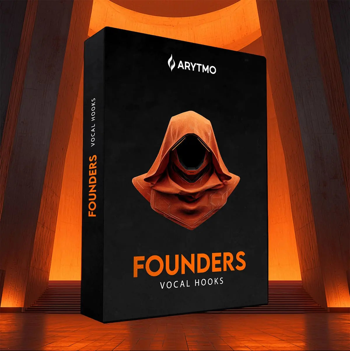 Arytmo Founders Vocal Hooks product packaging with a hooded figure on a dark background.