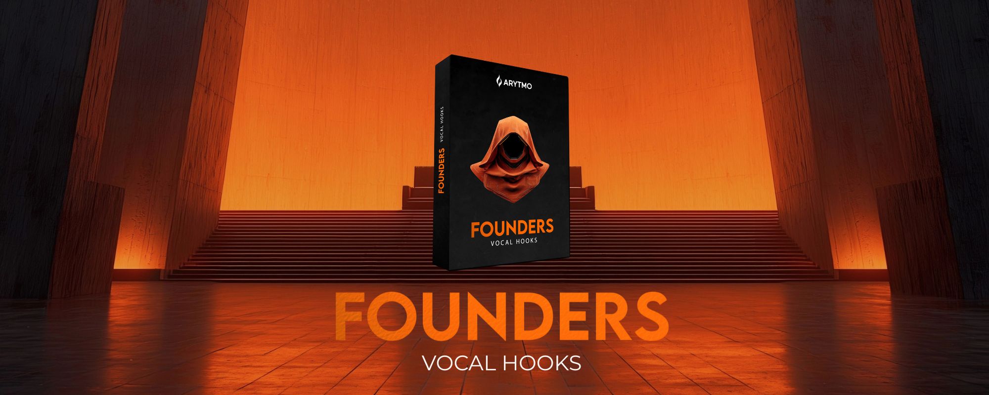 Product packaging for 'Founders Vocal Hooks' with a warm orange and brown color scheme.