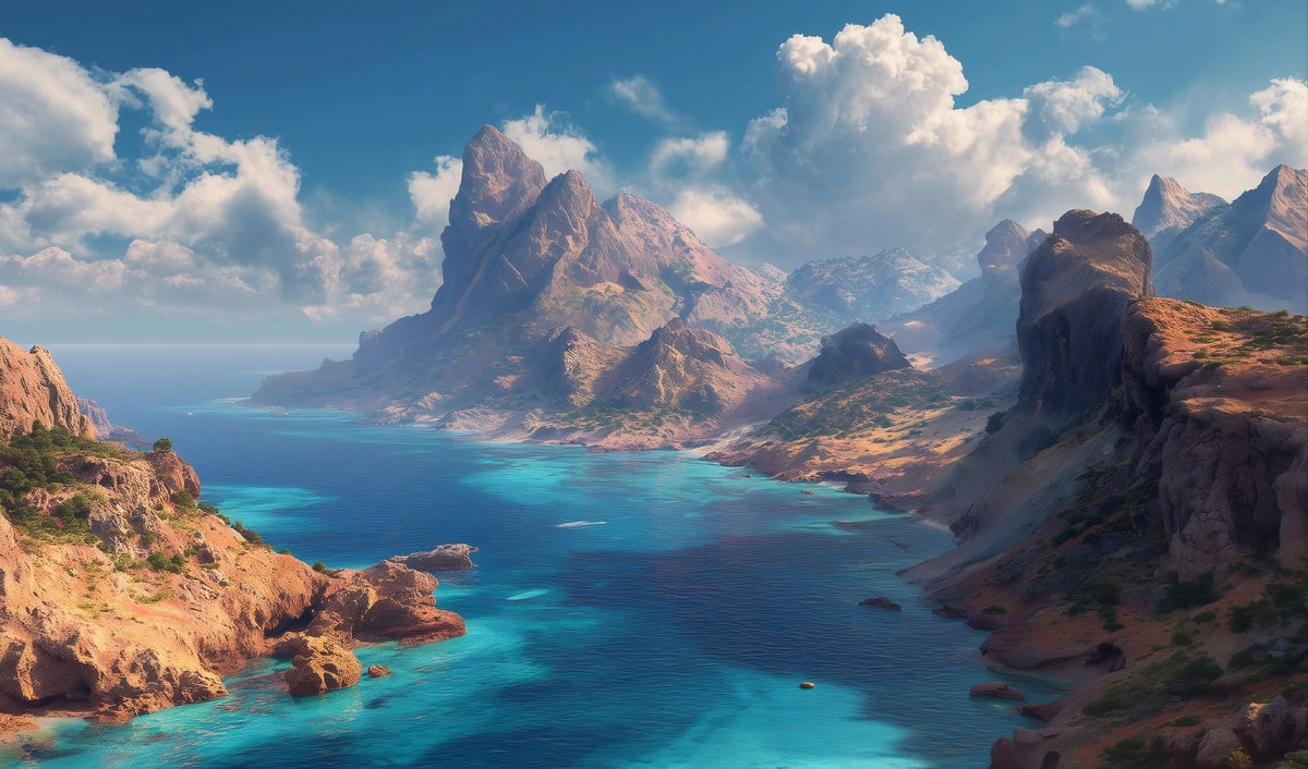 A dramatic coastal landscape with steep rocky mountains rising from bright turquoise ocean water under a blue sky with large white clouds.