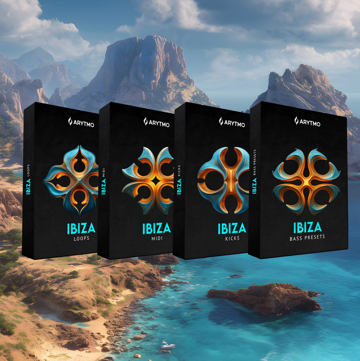 Four black software product boxes labeled ARYTHMO and IBIZA are arranged in a row over a scenic coastal landscape with mountains, beach, and blue water. The boxes feature colorful geometric logos and text for Loops, MIDI, Kicks, and Bass Presets.