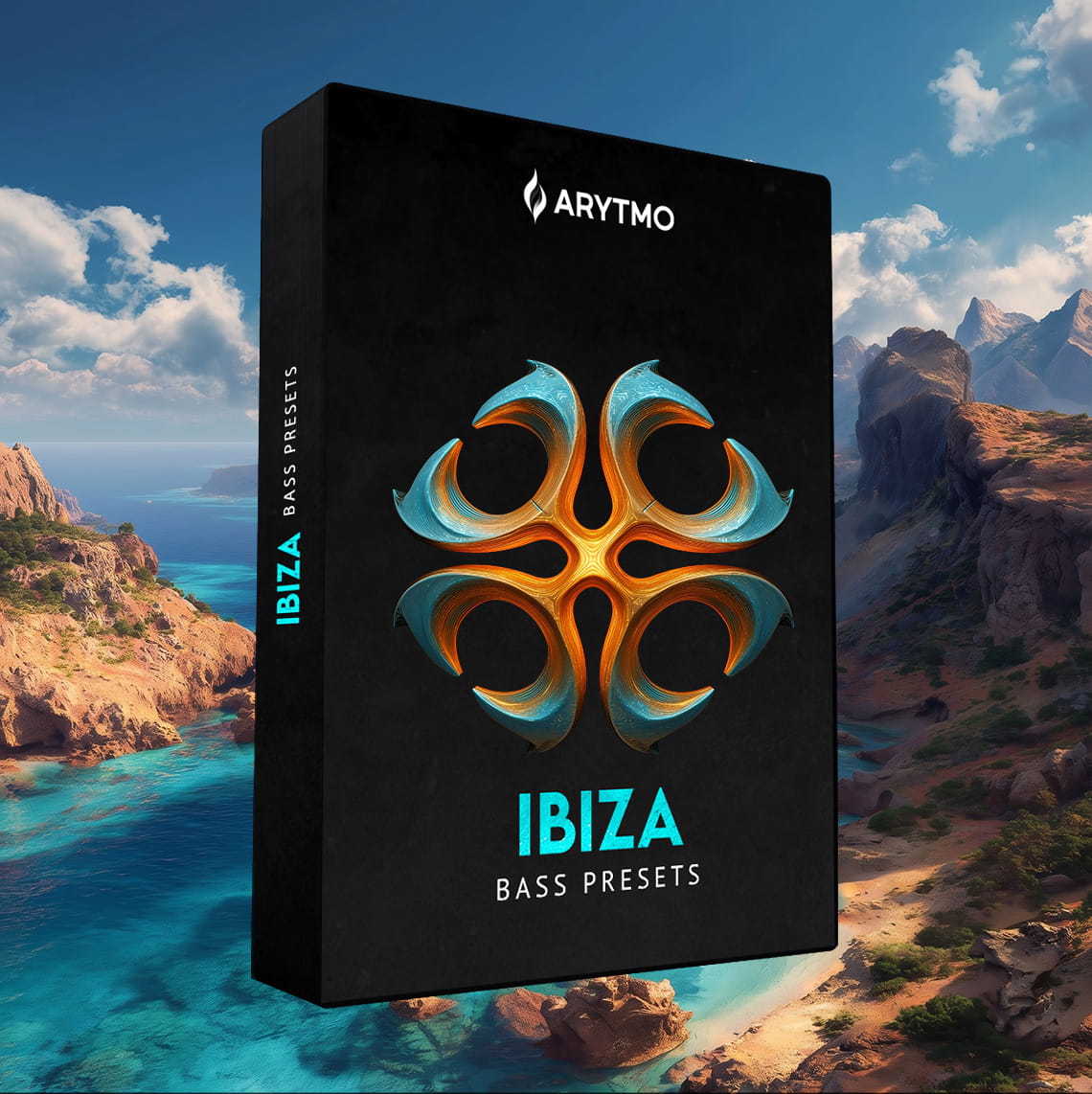 A black software-style product box labeled ARYTMO IBIZA BASS PRESETS stands in front of a scenic coastal landscape with blue water, sandy shore, and sky. The front of the box features a large abstract coral and blue wave emblem, and the side shows the text IBIZA BASS PRESETS.