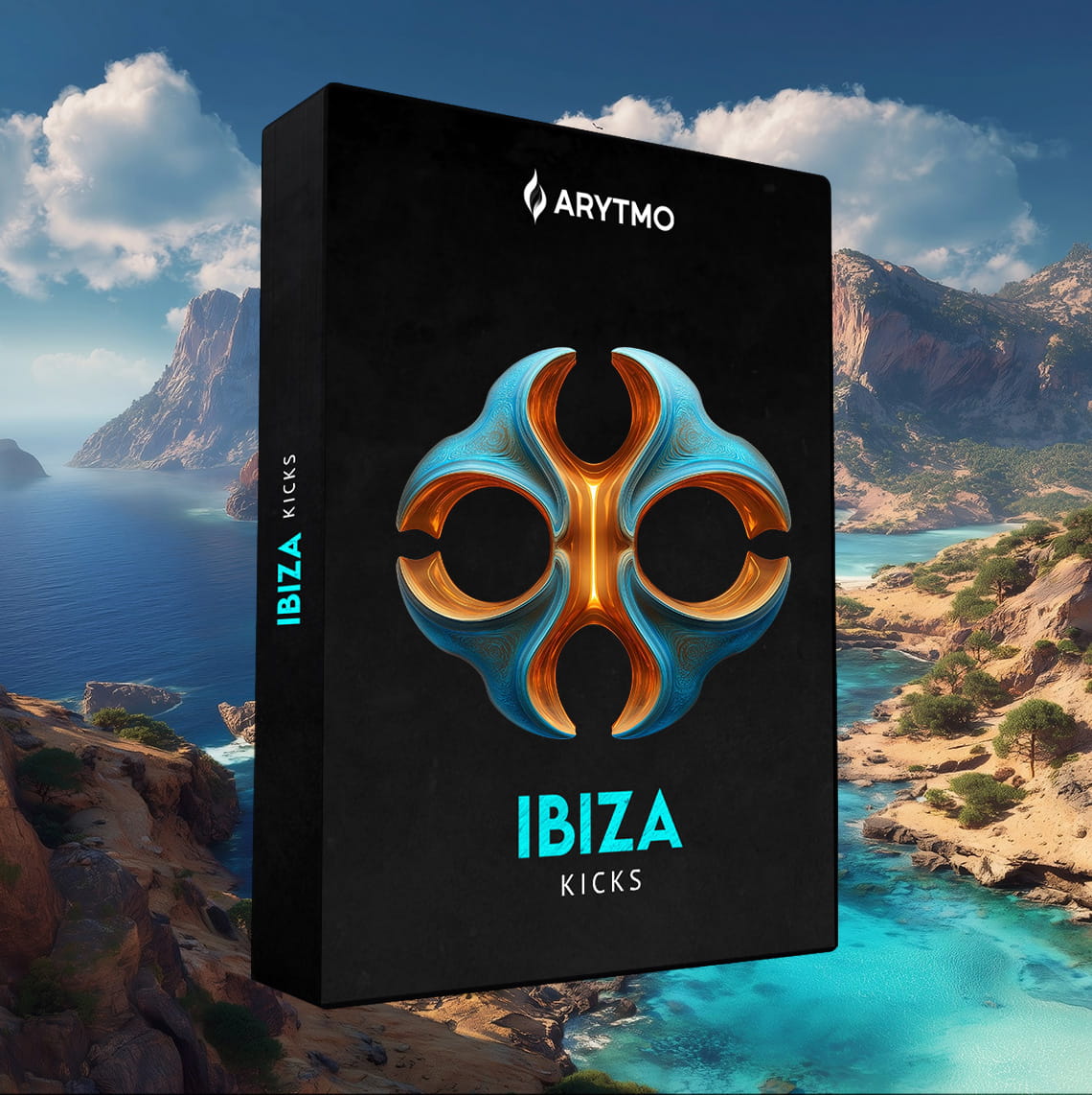 A 3D software box mockup for 'IBIZA KICKS' by 'ARYTMO' stands in front of a scenic coastal landscape. The box is black with a metallic blue and gold abstract logo in the center and turquoise text.