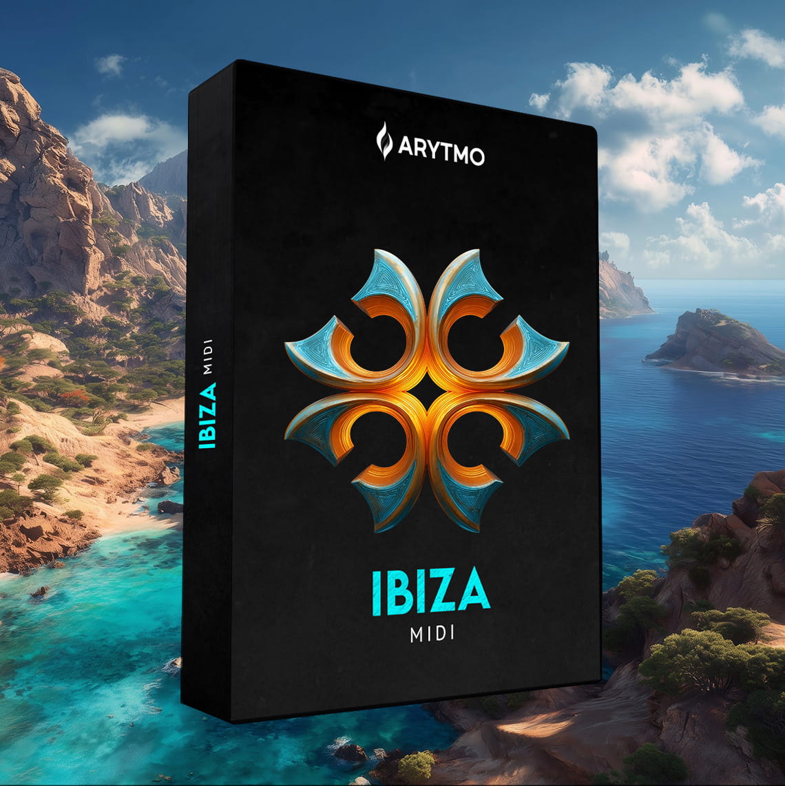A black software box labeled ARYTMO IBIZA MIDI stands in front of a tropical coastal landscape with blue ocean, rocky cliffs, and clouds. The front of the box features a large stylized blue and orange emblem, and the side shows IBIZA MIDI.