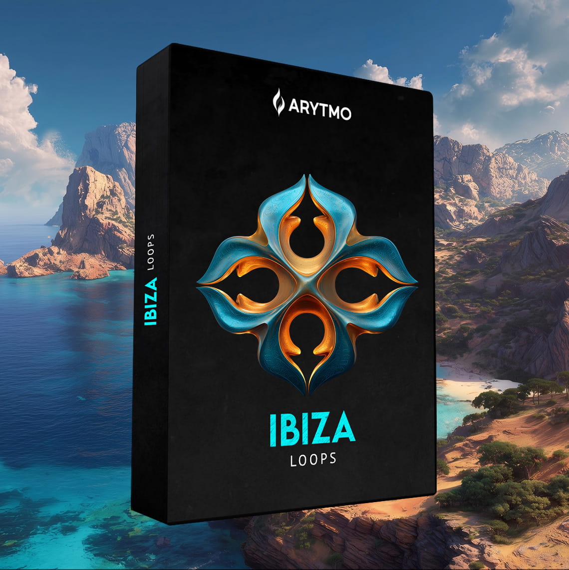 A black software-style product box labeled ARYTMO IBIZA LOOPS stands in front of a scenic coastal landscape with blue water, rocky cliffs, and a sandy beach. The front of the box features a large abstract blue and orange floral-like emblem, and the side shows the text IBIZA LOOPS.