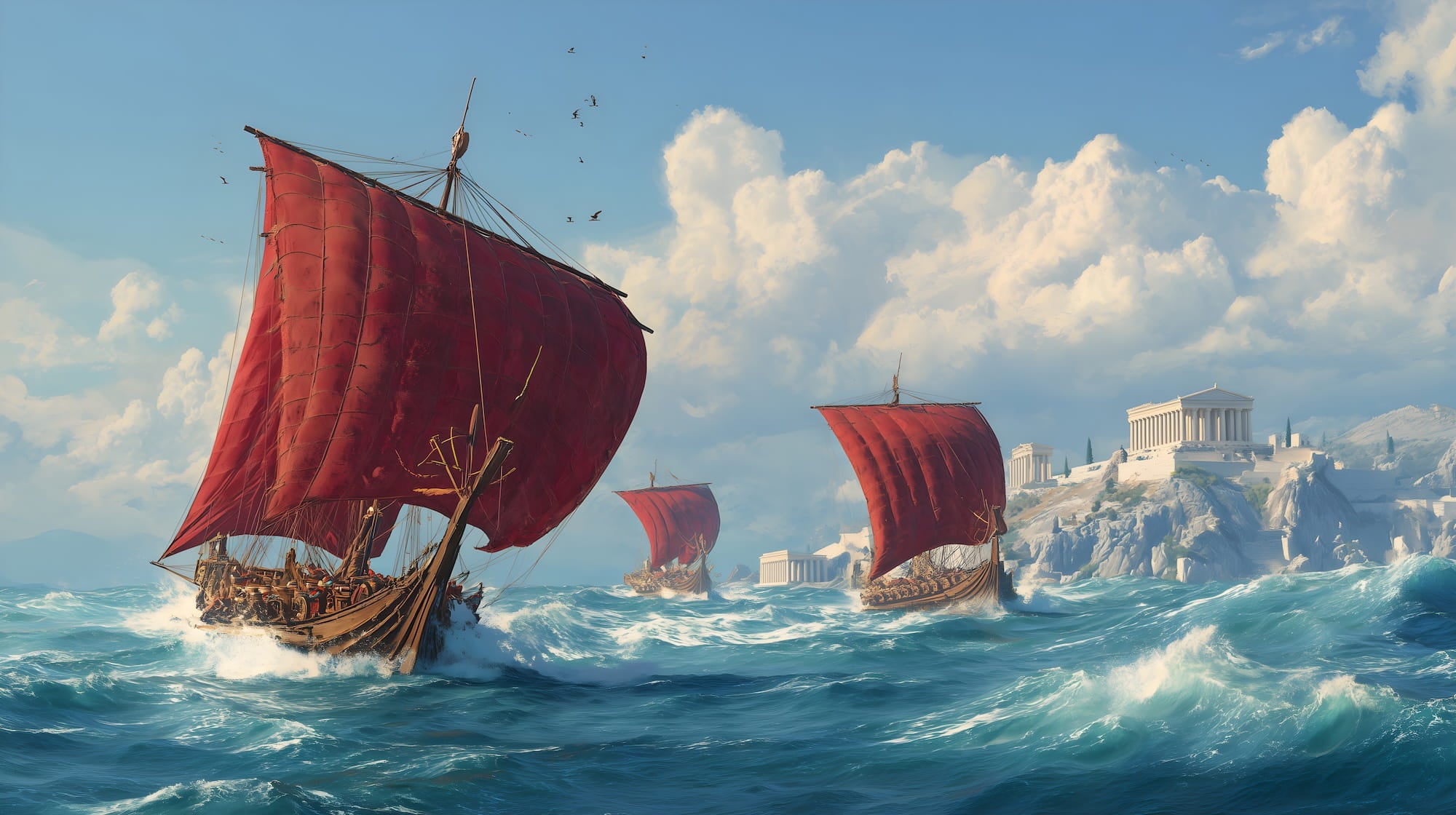 Ancient Greek ships with red sails sailing on a blue sea towards a classical architecture city.