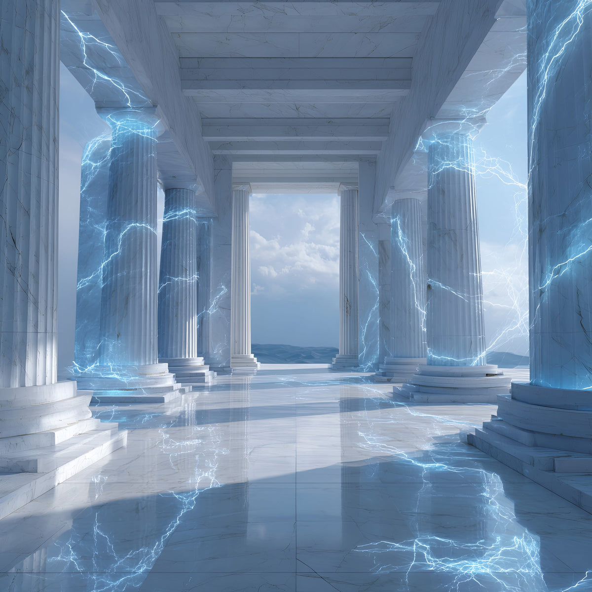 A grand classical colonnade with white marble columns and a polished floor, surrounded by glowing blue lightning effects and a bright sky opening in the distance.