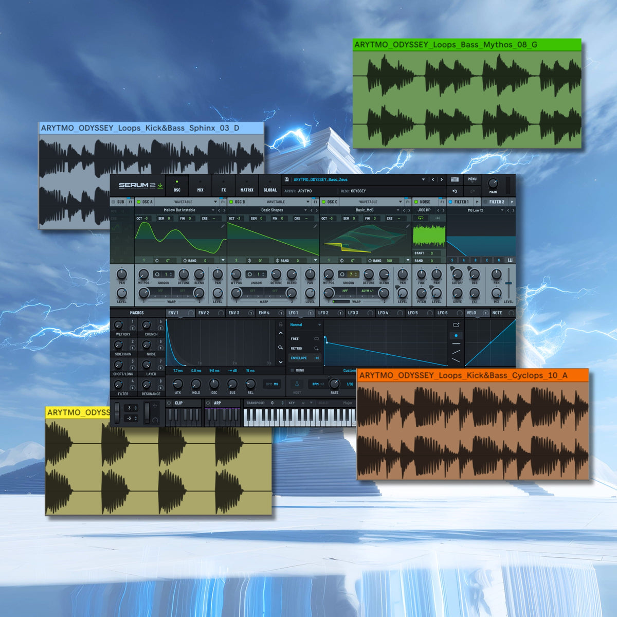 A digital collage of melodic techno samples and presets showing a software synthesizer interface labeled ARTYMO ODYSSE with multiple waveform preview panels and audio tracks on a blue icy mountain background.