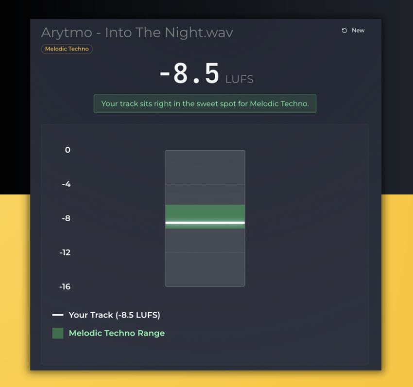 Music equalizer software interface with a track at -8.5 LUFS on a dark background