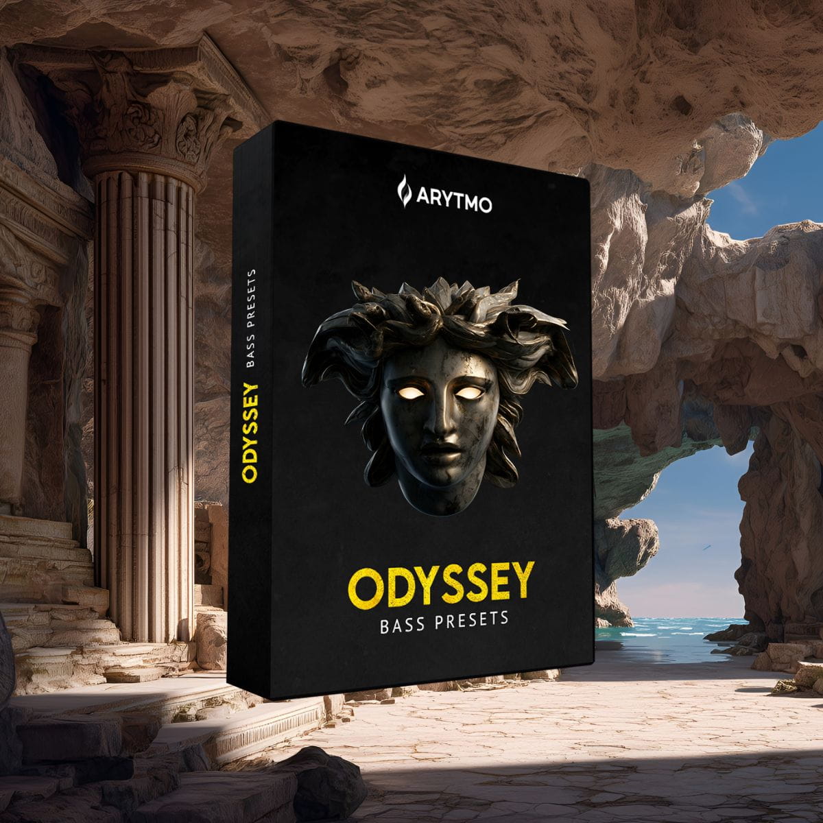 A black software box cover for 'Odyssey Bass Presets' by Arytmo, featuring a metallic Medusa head graphic and yellow text, shown floating against a background of ancient stone ruins and a coastal sea archway.