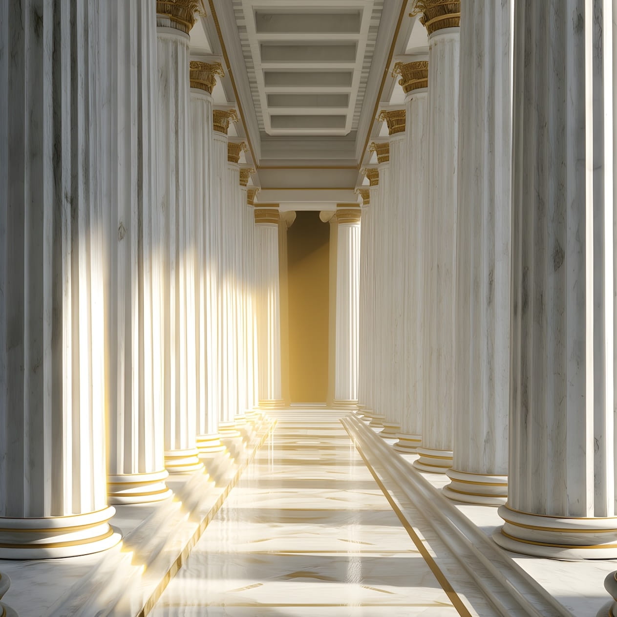 A long classical colonnade with large white marble columns and gold accents, leading toward a bright golden doorway on a polished marble floor.