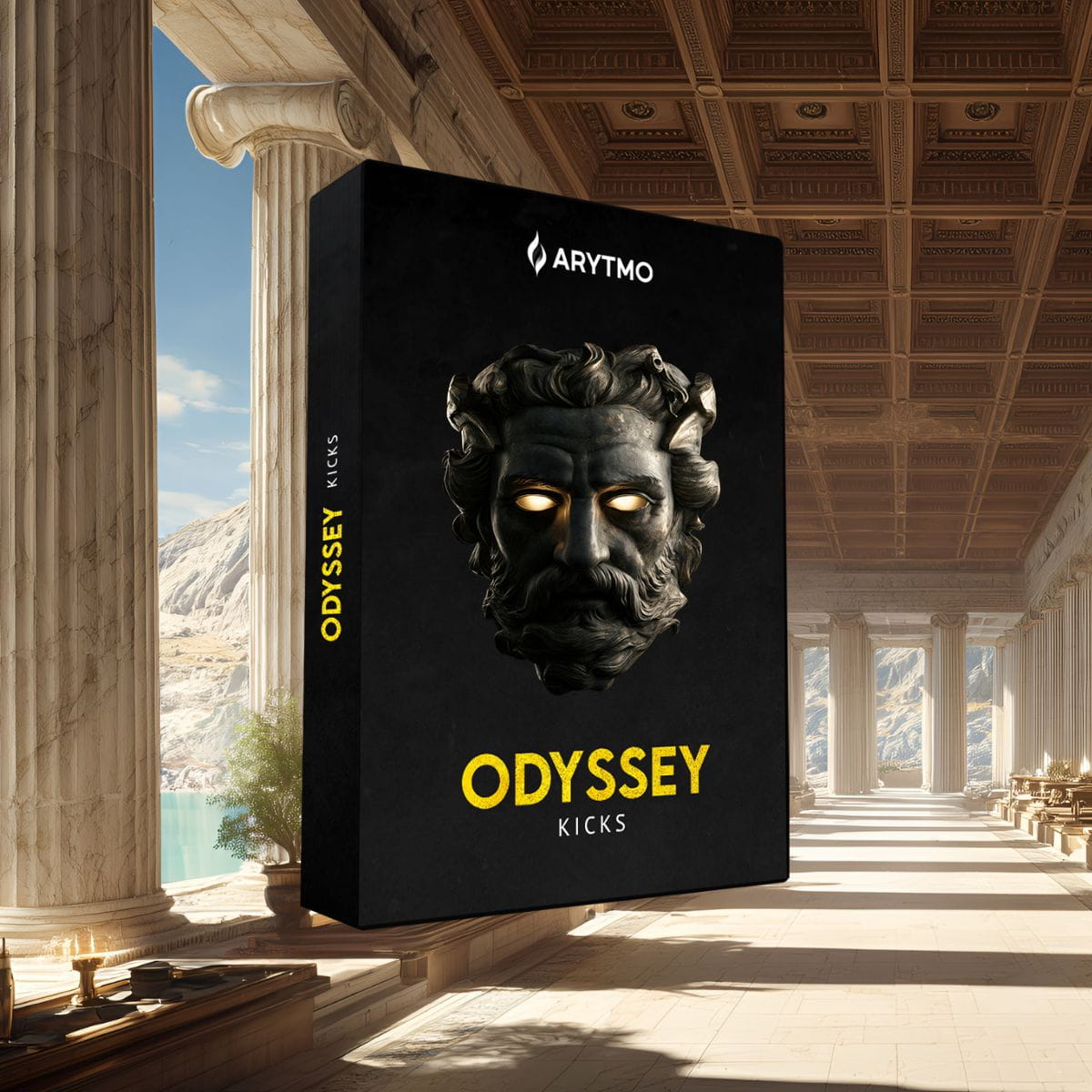 A black software box mockup for 'Odyssey Kicks' by Arytmo, featuring a black classical bust graphic with glowing yellow eyes and yellow text, floating in a grand classical temple hall.