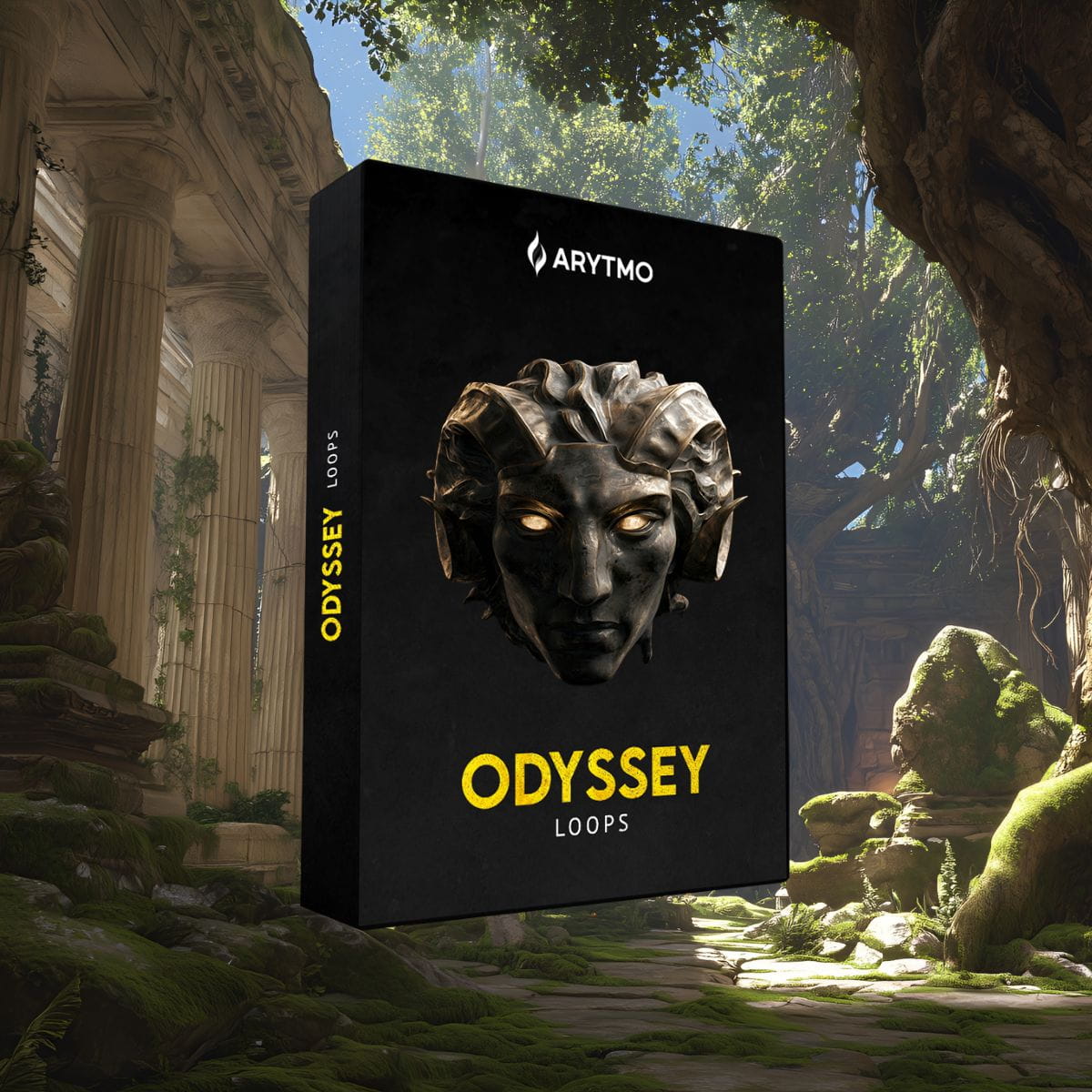 A black software box labeled ARYTMO ODYSSEY LOOPS is shown floating in front of a lush ancient forest and temple scene. The box features a dark stone mask with glowing yellow eyes and yellow title text.