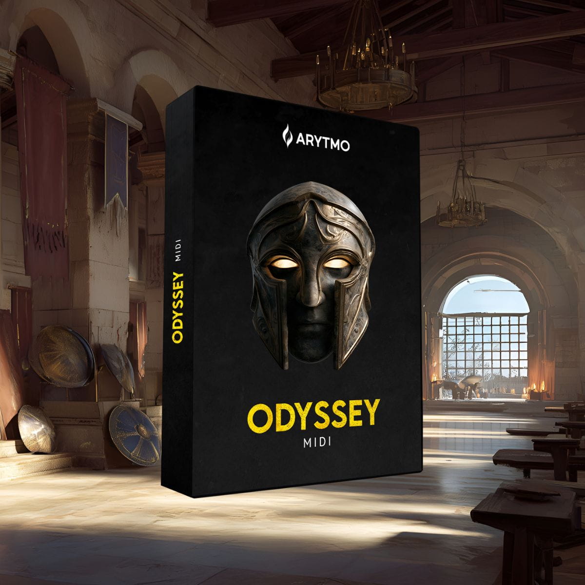 A large black box-style product render for ARYTMO Odyssey MIDI stands in a grand stone hall with arches, chandeliers, and shields on the floor. The front shows a metallic helmet graphic with glowing eyes, and the title 'ODYSSEY MIDI' appears in yellow text.