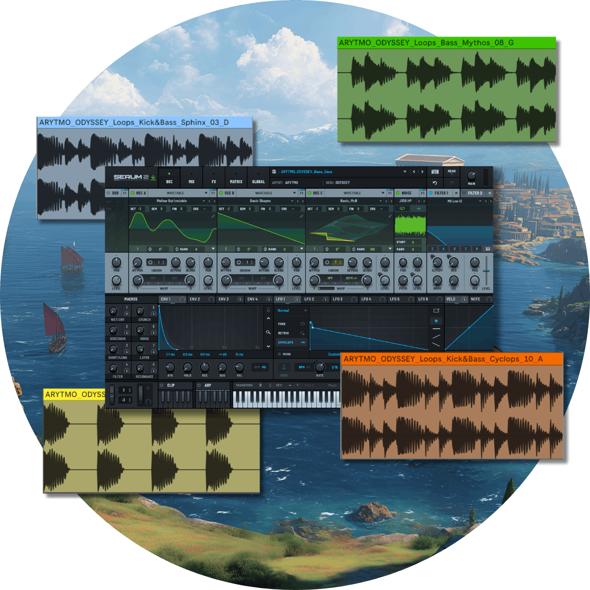 A circular collage showing a digital audio workstation interface with multiple waveform audio clips and knobs, overlaid on a scenic ocean landscape background. Visible text includes ARTYNO ODYSSEY and track names such as Kickdrass, Sphinz, 03 D, Bass Munny, 04 D, and James Kickdrass.