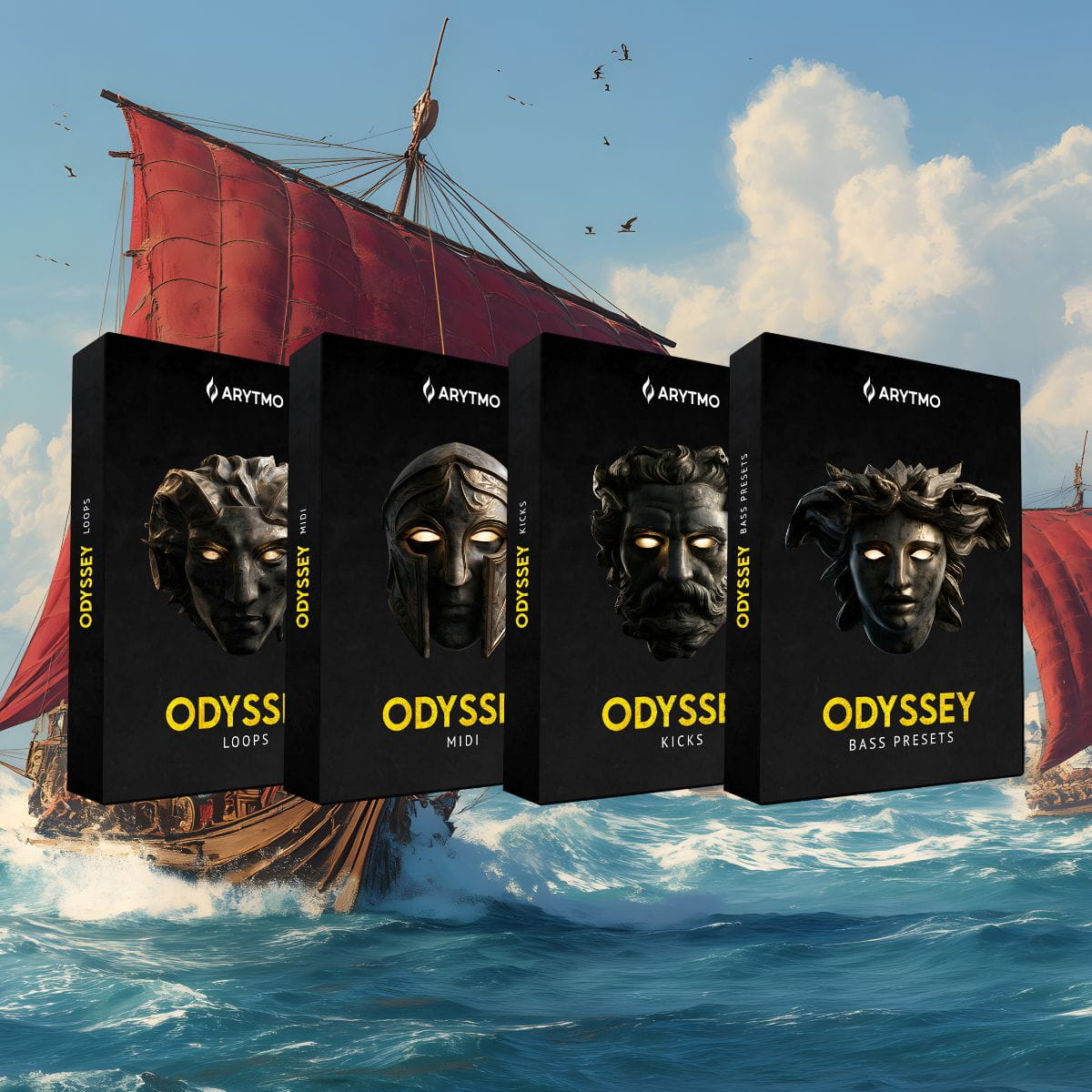Four black software boxes labeled ARYTMO ODYSSEY with different preset categories (LOOPS, MIDI, KICKS, BASS PRESETS) overlaid on a digital background of a Greek sailing ship on stormy blue waves under a cloudy sky.