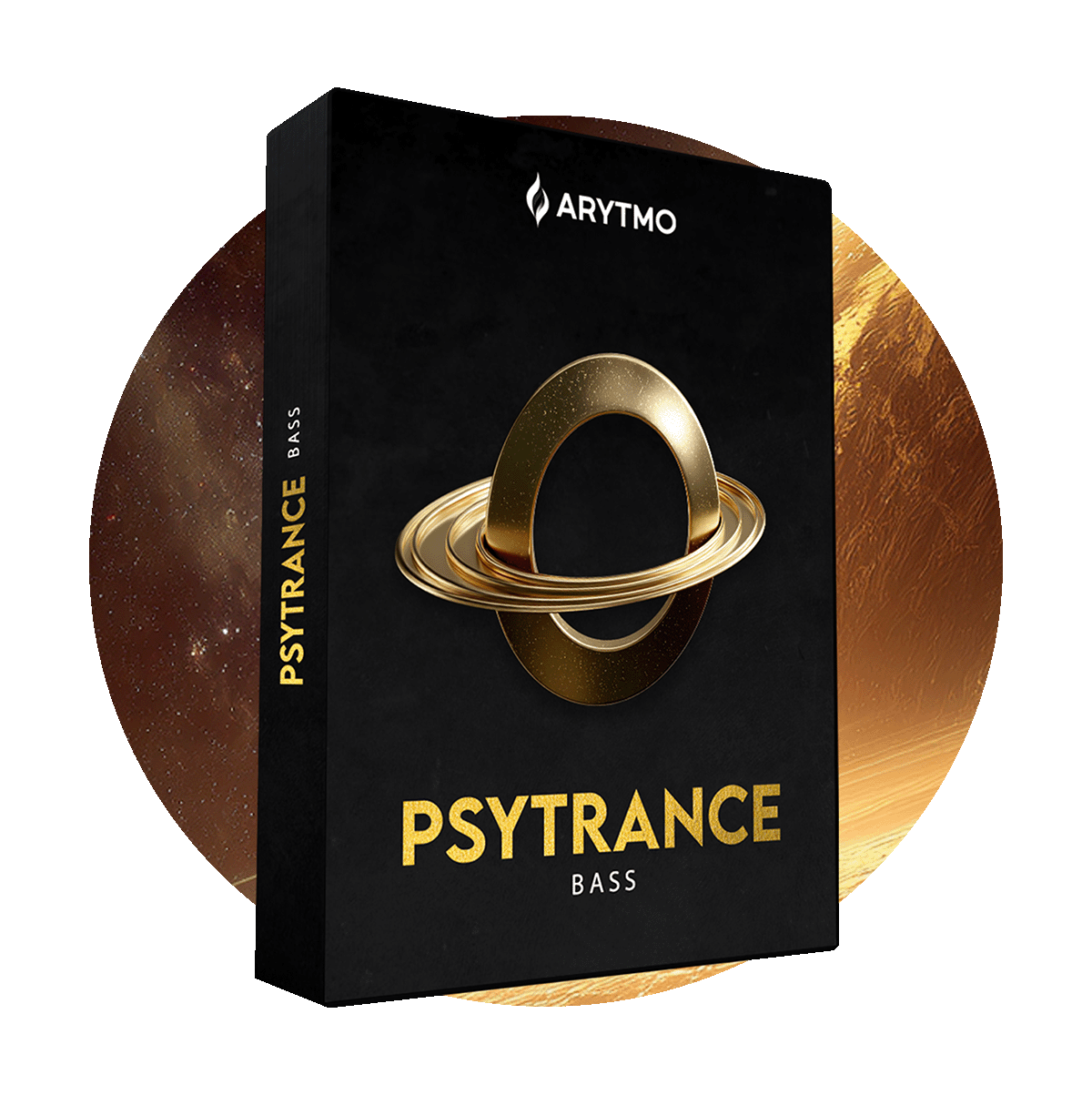 Arytmo Psytrance Bass product packaging on a gold and black background
