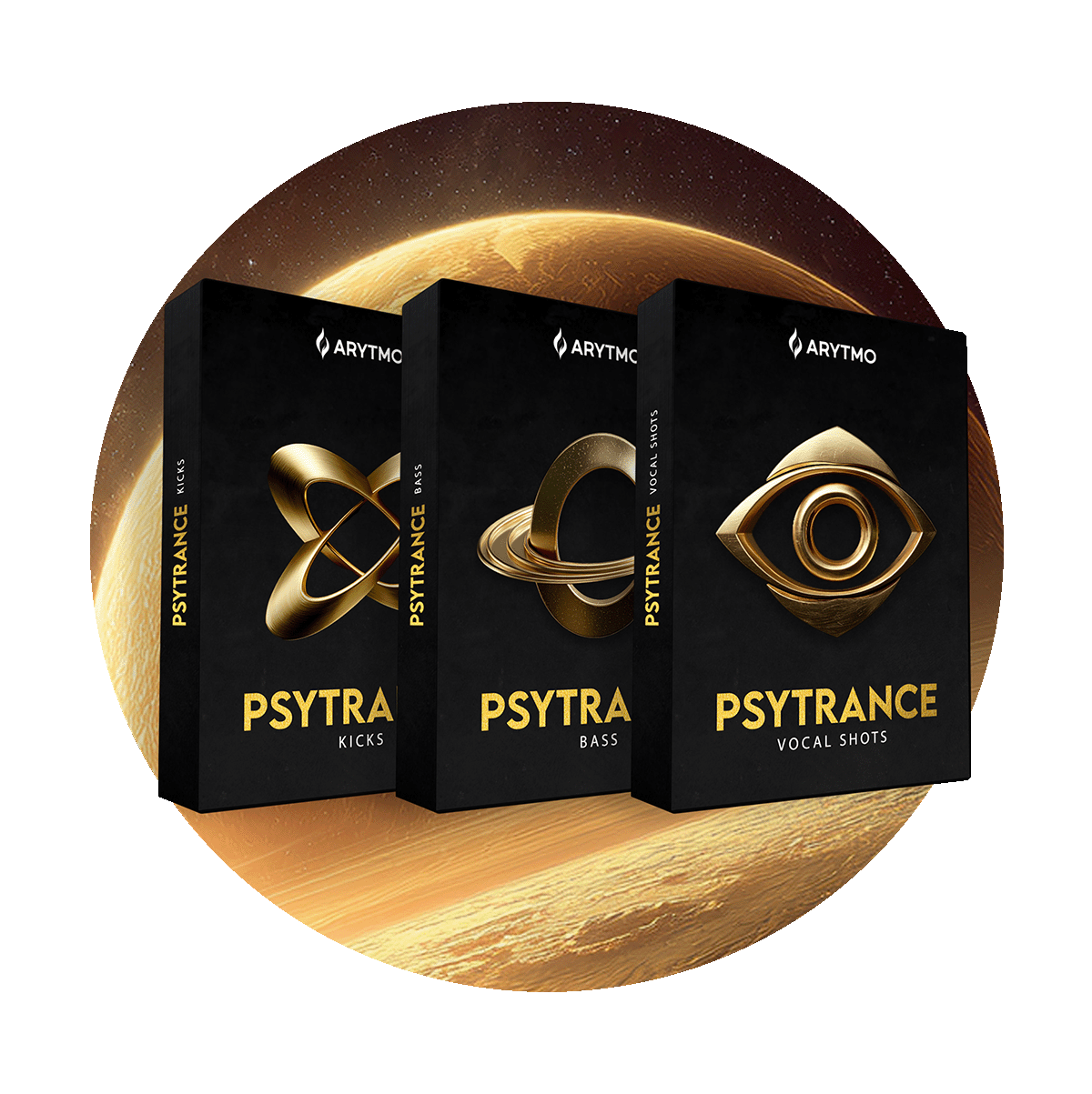 Three black boxes labeled 'PSYTRANCE' with gold designs on a circular background