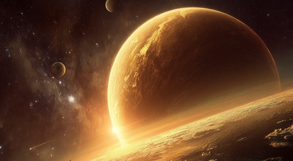 Distant planet with a bright light source in space