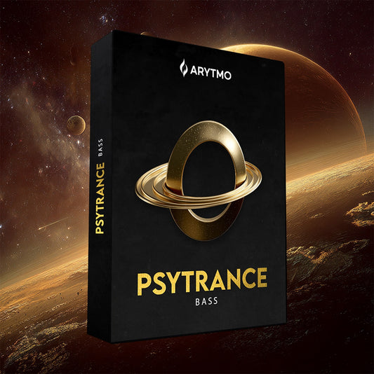 Arytmo Psytrance Bass product packaging with a space-themed background