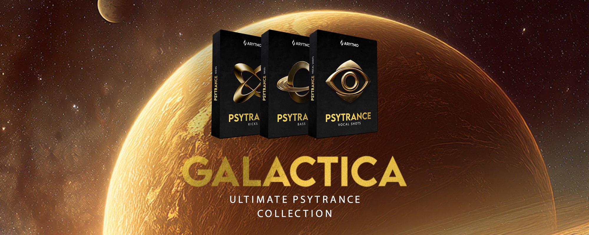 Three psytrance sample pack boxes in front of a planet space background.