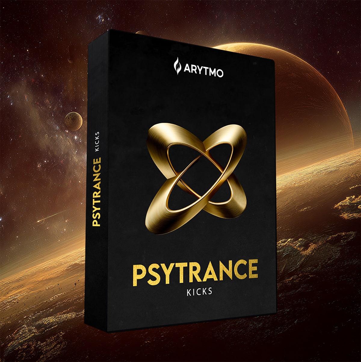 Arytmo Psytrance Kicks product packaging with a space-themed background
