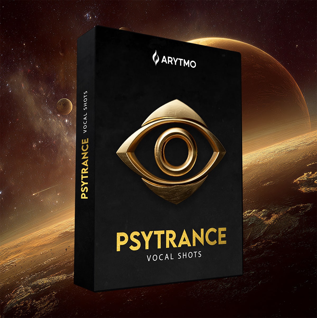 Arytmo Psytrance Vocal Shots product packaging with a space-themed background