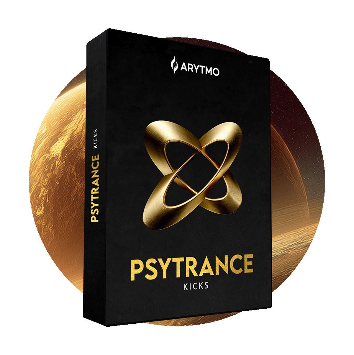 Arytmo Psytrance Kicks product packaging with gold design on a green background