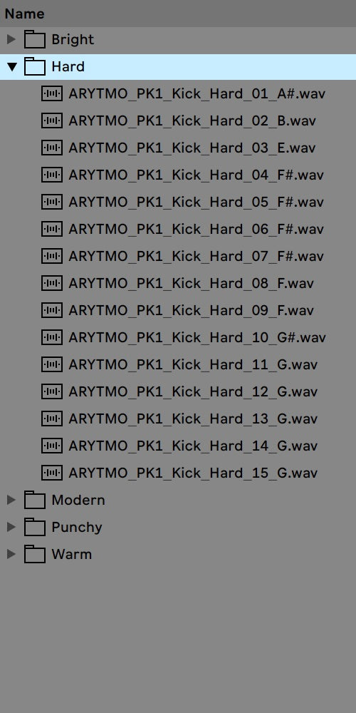 List of audio file names with various kicks and their settings on a computer interface.
