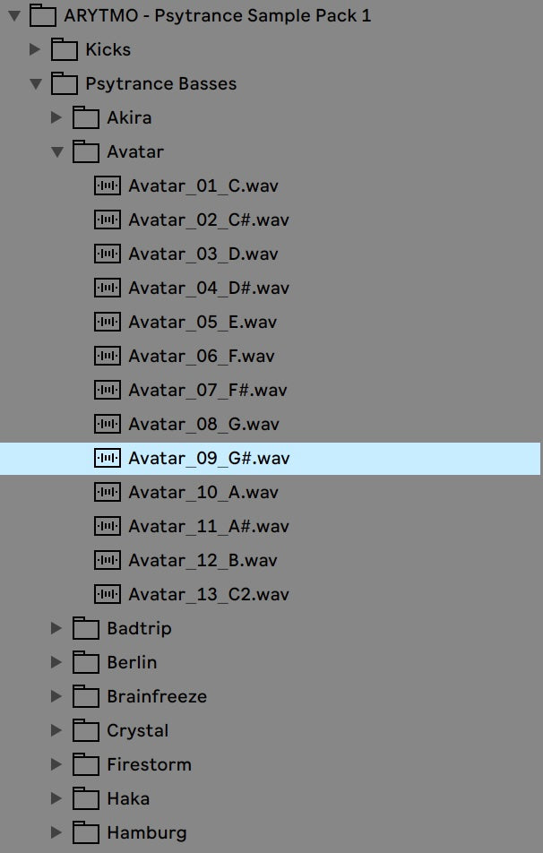 File directory structure for Pystrance Sample Pack 1 with audio files listed.
