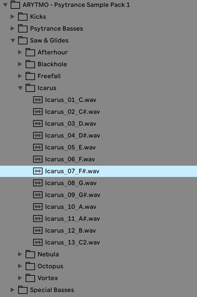 File directory structure for a Pytrance sample pack with file names and extensions.
