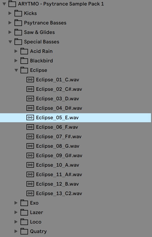 Screenshot of audio samples from the ARYTMO Psytrance pack shown in Ableton Live browser.