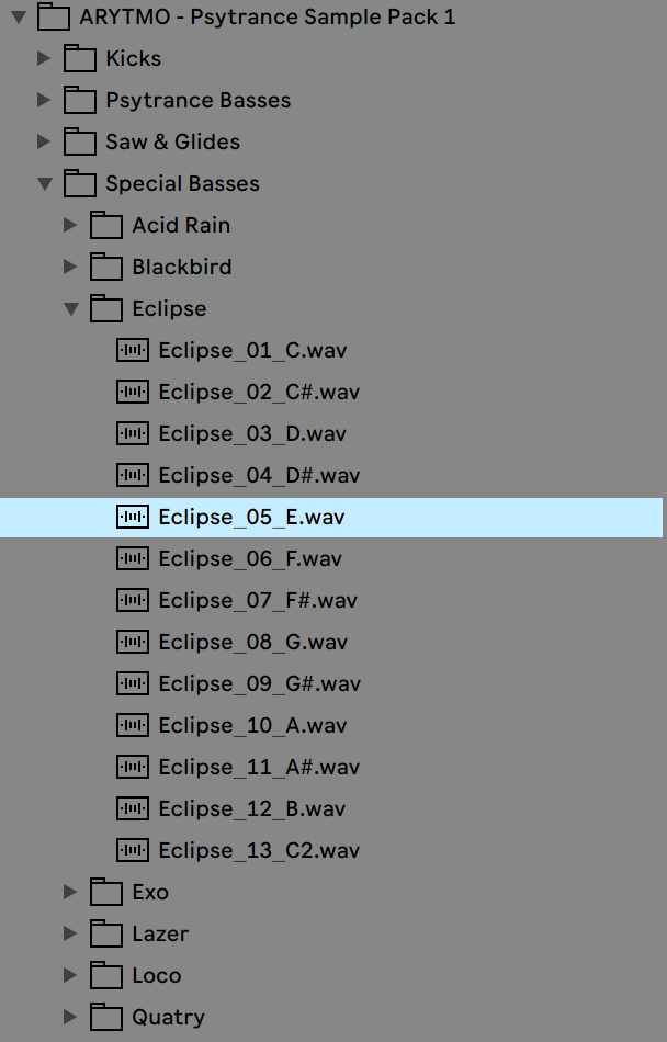 File directory structure for ARYTMo Psytrance Sample Pack 1 with file names listed.