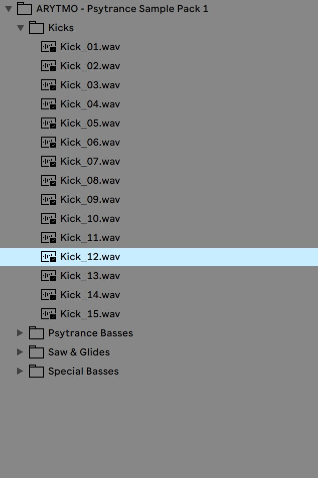 Screenshot of the Ableton Live browser showing ARYTMO Psytrance sample files.