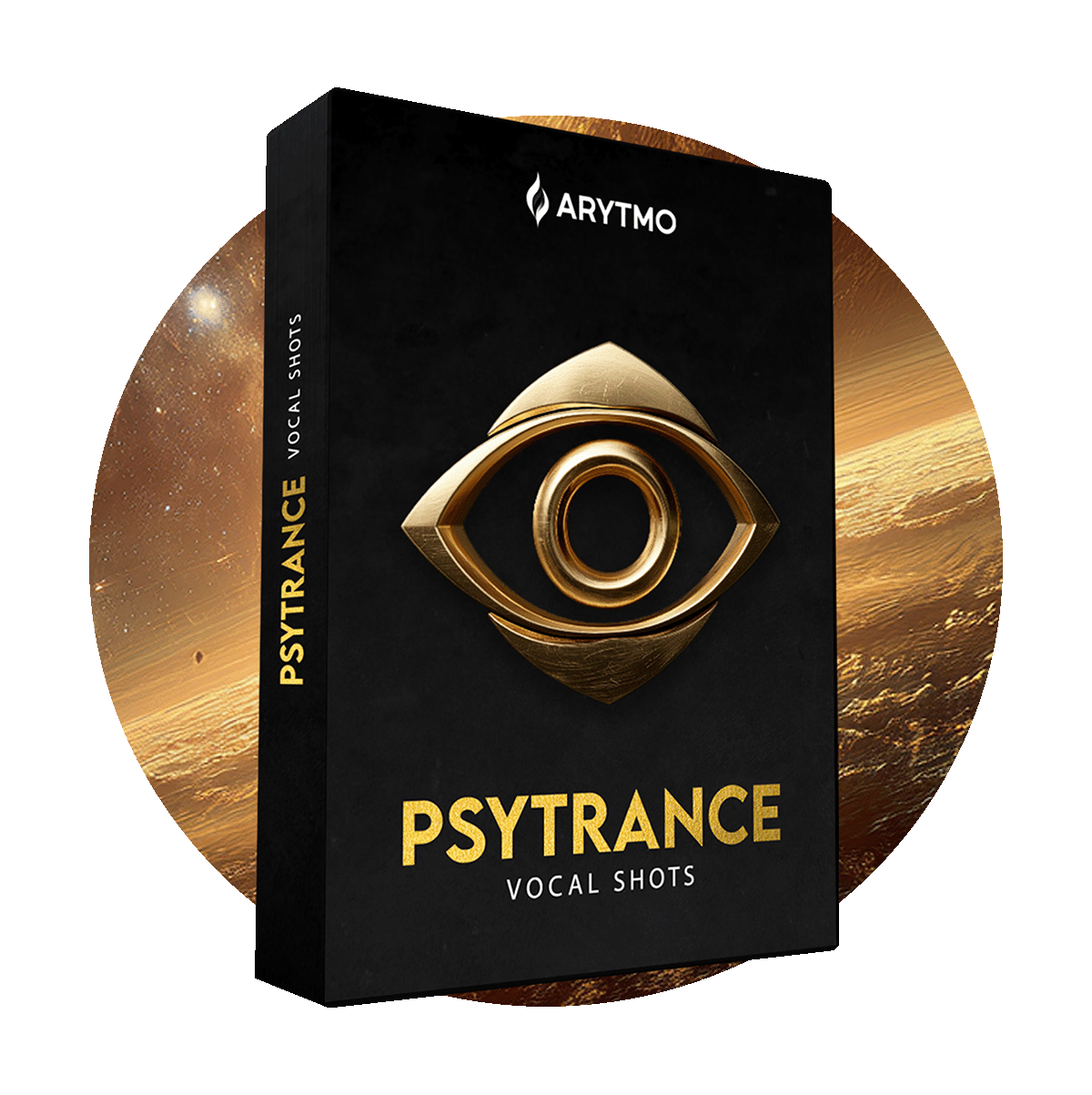 Arytmo Psytrance Vocal Shots product packaging with gold eye design on a black background.