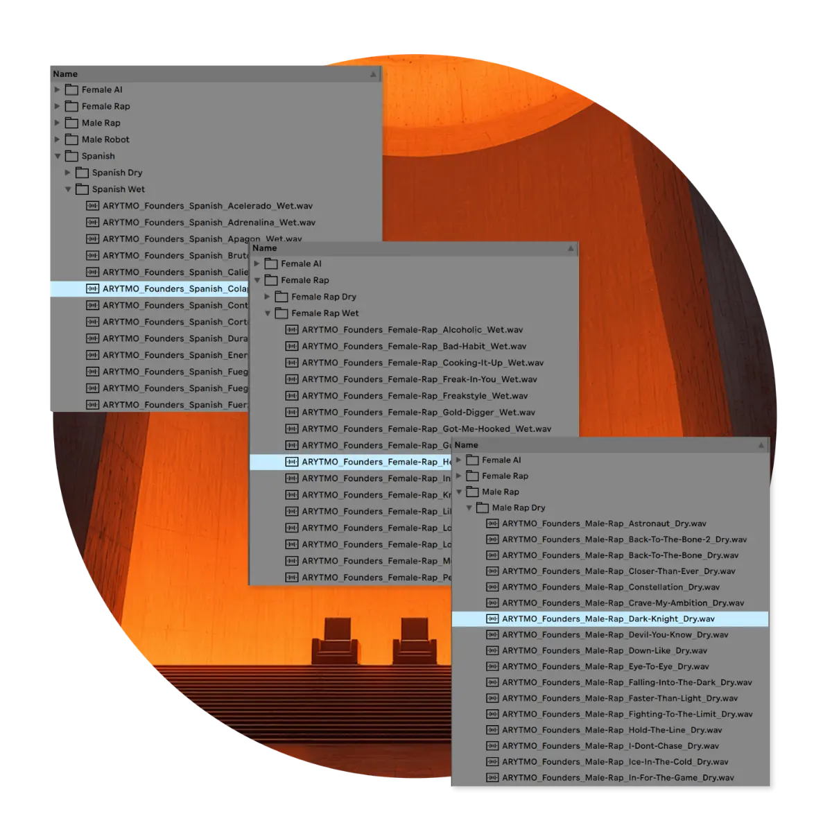 Computer screen displaying a list of file names with a circular design element in the background.