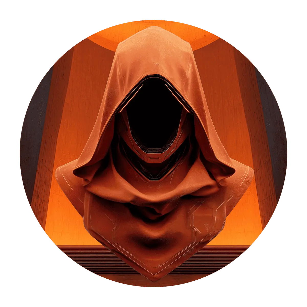 Hooded figure with a dark face against an orange background