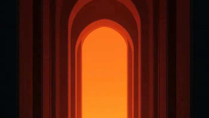 Person standing in front of a large archway with a warm, glowing light at the end.