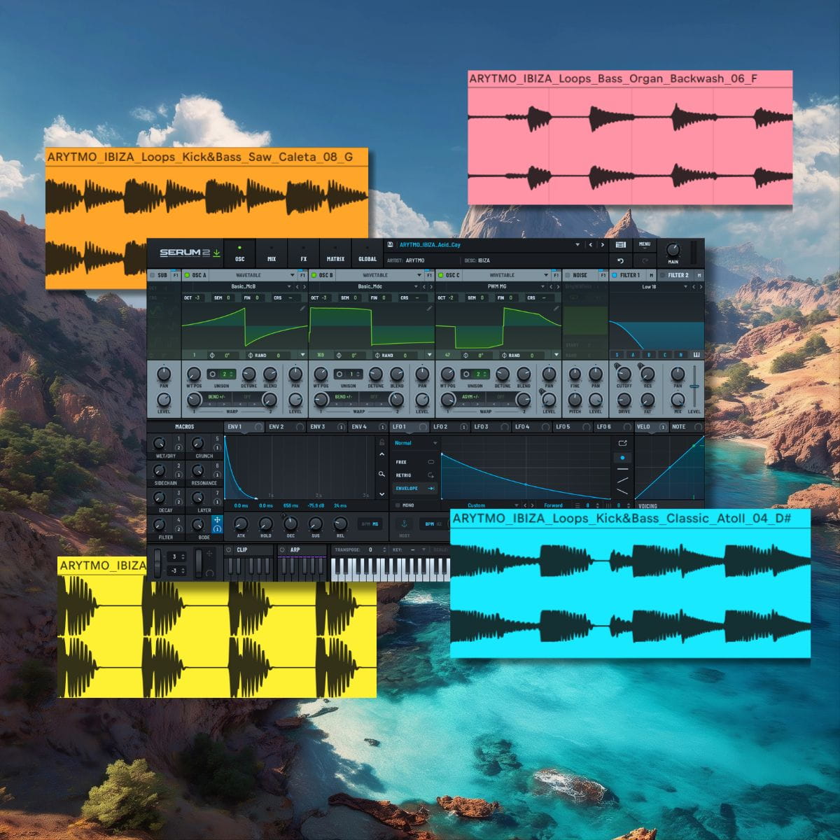 A collage of four colorful audio plugin interface panels labeled ARYTMO IBIZA Loops Kick&Bass Saw Clefs, ARYTMO IBIZA Loops Kick&Bass Organ Backwash OB F, ARYTMO IBIZA Loops Kick&Bass Saw Clefs OB G, and ARYTMO IBIZA Loops Kick&Bass Classic Atoll 04 D9, arranged over a scenic beach and ocean background.