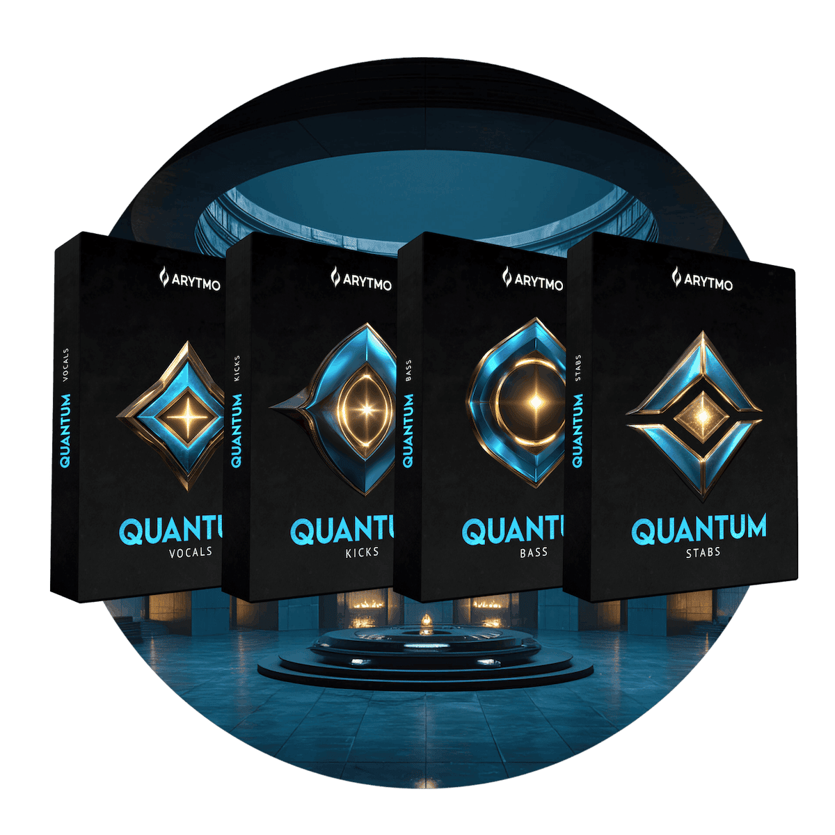 Four black boxes labeled 'Quantum' with gold and blue designs on a dark background.