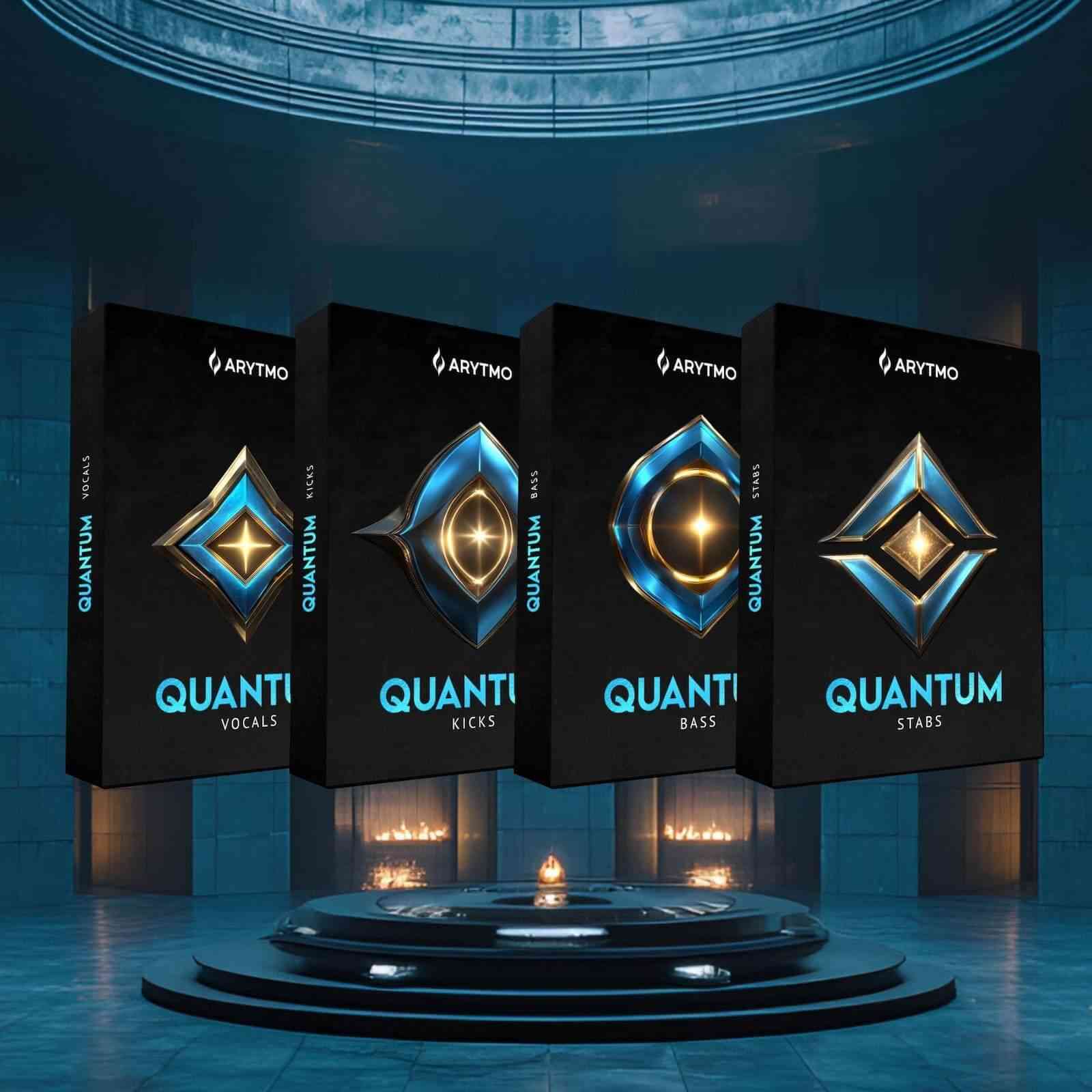 Four boxes labeled 'Quantum' by Arytmo on a dark blue platform with a circular design.