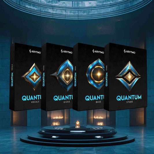 Four boxes labeled 'Quantum' by Arytmo on a dark blue platform with a circular design.
